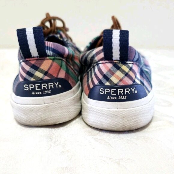 Women SPERRY Canvas Boat Loafers Flats Shoes 6 Plaid Navy Blue Coral Leather Tie - Picture 12 of 12